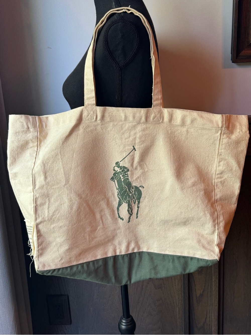 Ralph Lauren Cream & Green Organic Cotton Canvas Tote Bag - Picture 2 of 7
